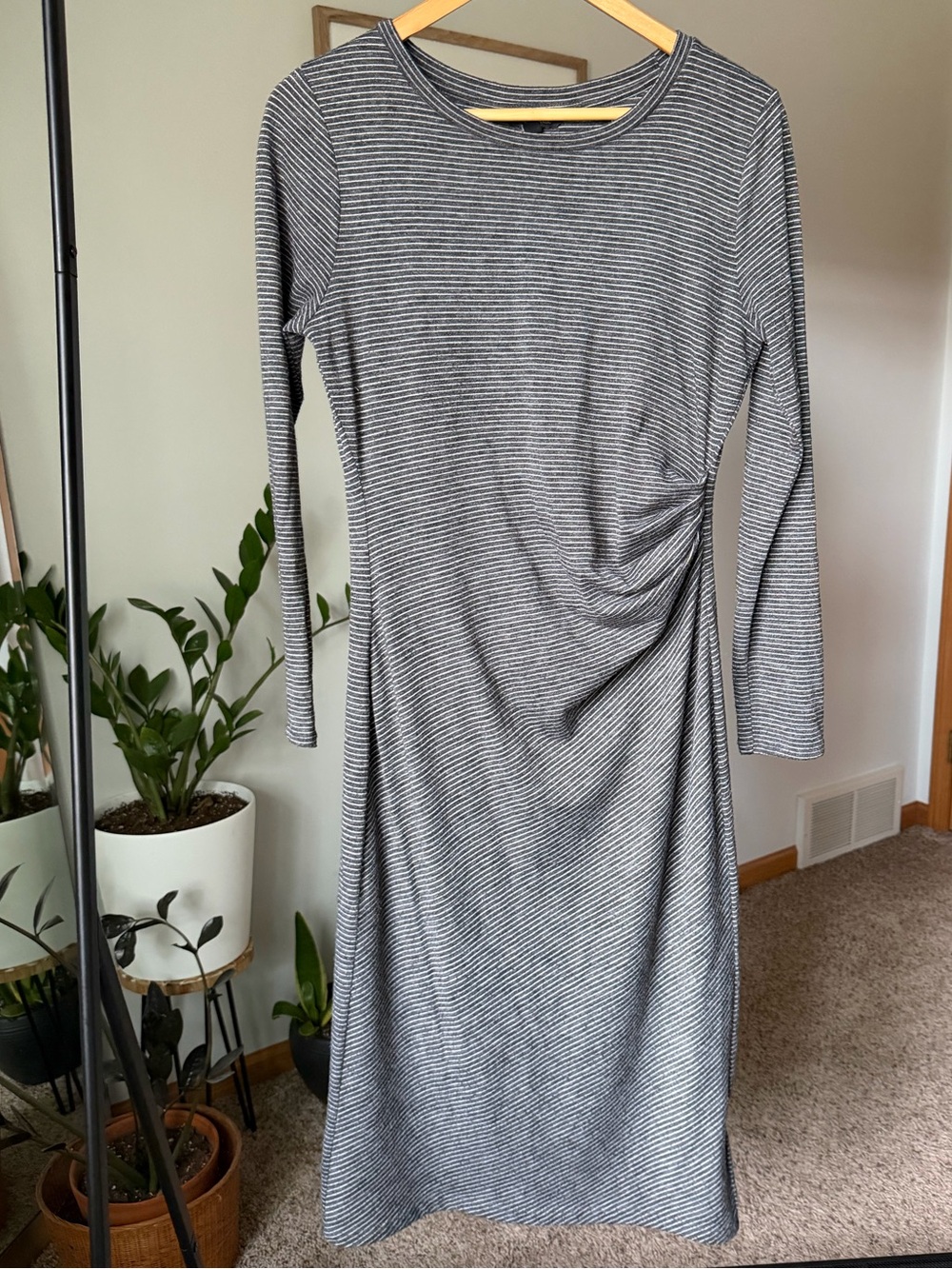 Banana Republic Ruched Gray & White Striped Dress Midi